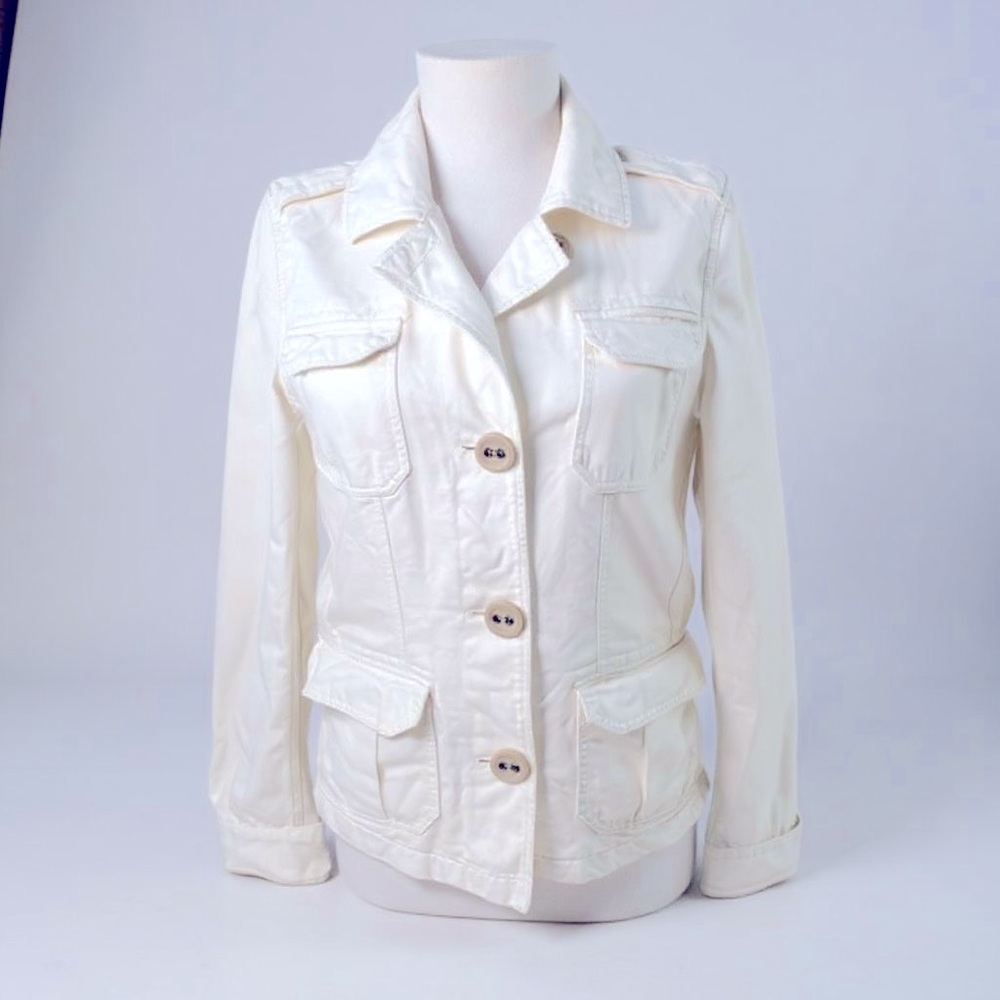 VTG EUC Old Navy White Denim Utility Jacket Safari
Size Small Distressed Lined